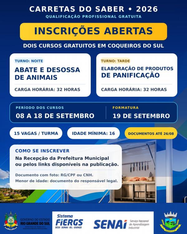 Coqueiros do Sul recebe o Programa Carretas do Saber com dois cursos gratuitos