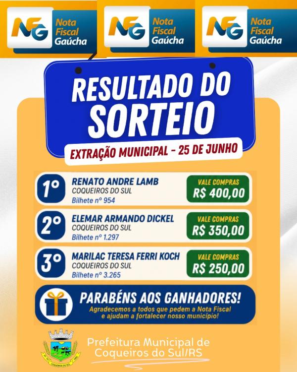 Ganhadores Sorteio Mensal de Junho - Nota Fiscal Gaúcha