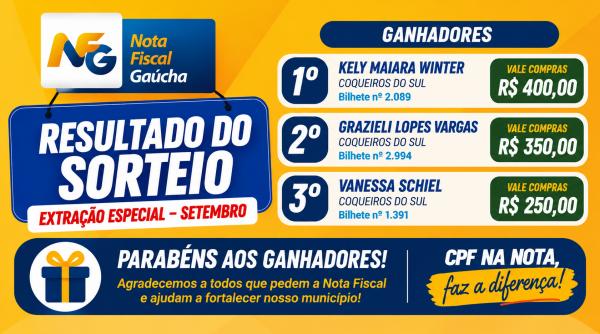 Nota Fiscal Gaúcha - divulgação ganhadores do sorteio de Setembro